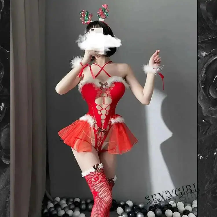 Body en maille Sexy, Costumes de noël avec bas, Lingerie rouge, sous-vêtements Clickbing Market
