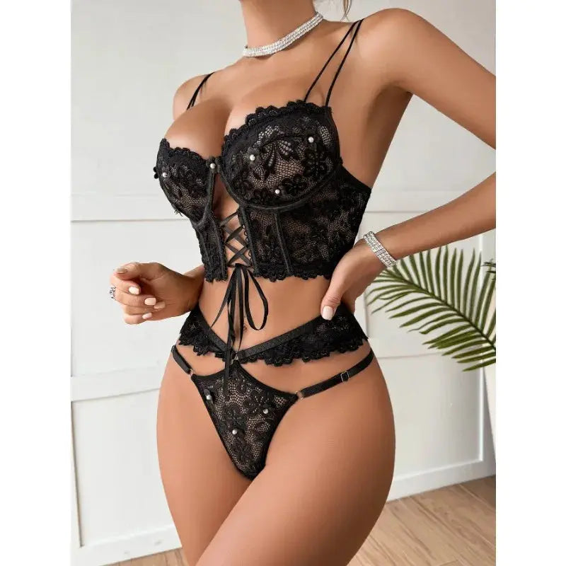 Lingerie sangle à armatures dentelle soutien-gorge Sexy perlé 3D fleur évider transparent à lacets Clickbing Market