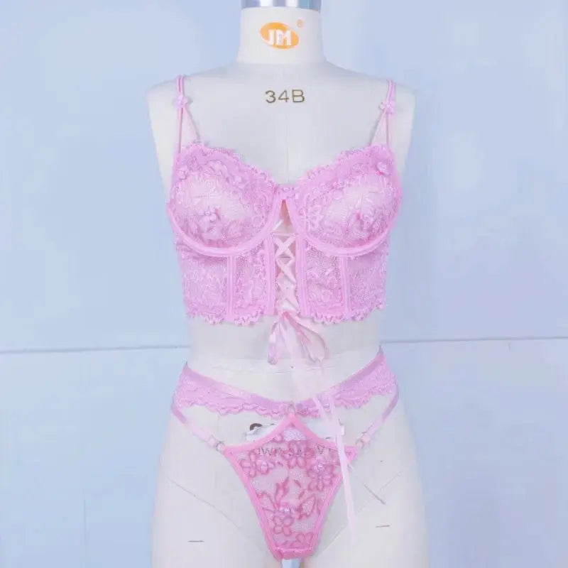 Lingerie sangle à armatures dentelle soutien-gorge Sexy perlé 3D fleur évider transparent à lacets Clickbing Market