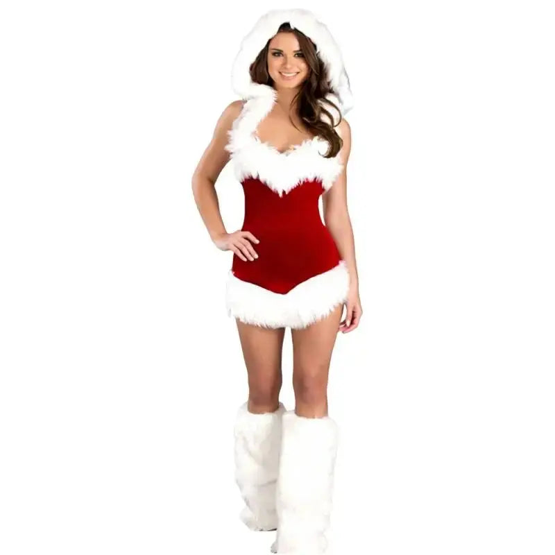 Robe de noël en velours Sexy, sans bretelles, avec capuche, chauffe-jambes, Costume rouge Clickbing Market
