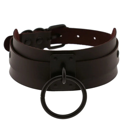 Collier ras du cou noir rond en métal et cuir