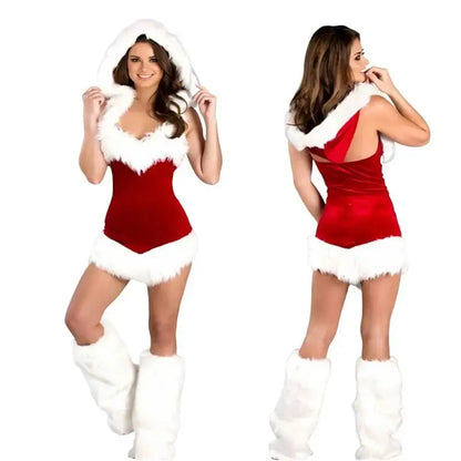 Robe de noël en velours Sexy, sans bretelles, avec capuche, chauffe-jambes, Costume rouge Clickbing Market