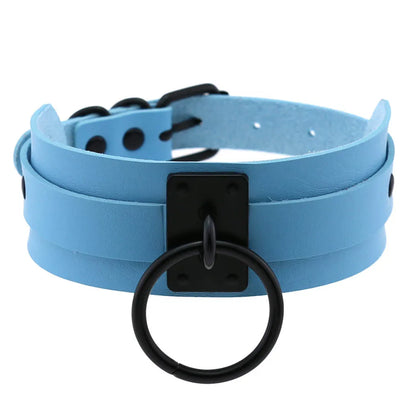 Collier ras du cou noir rond en métal et cuir