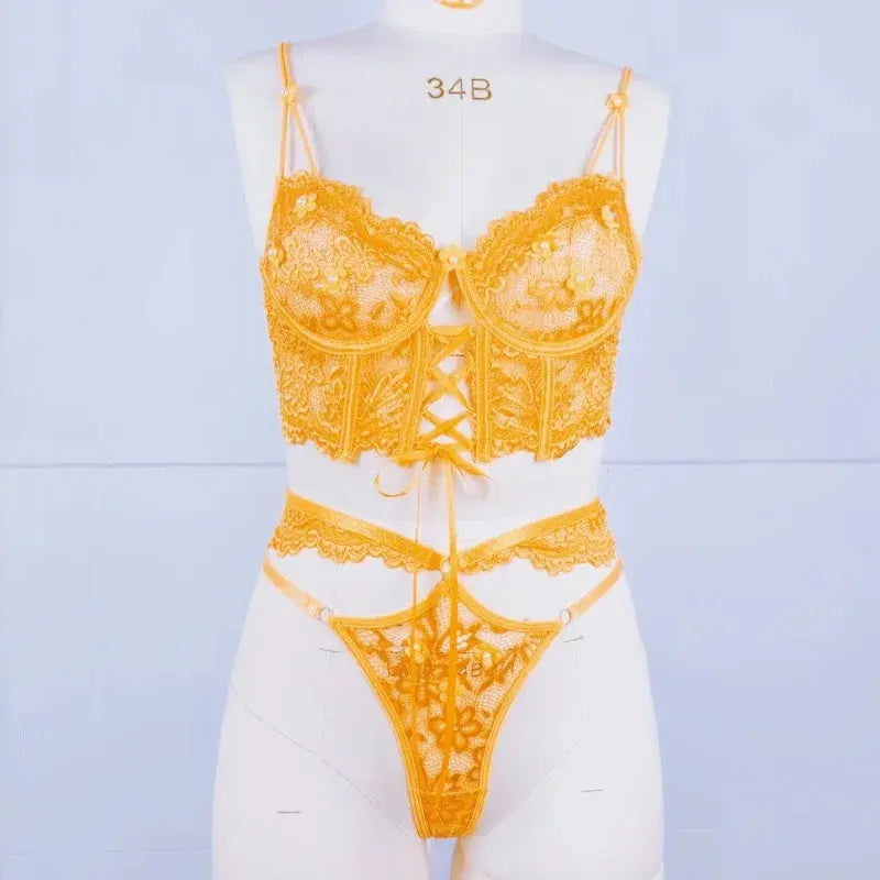 Lingerie sangle à armatures dentelle soutien-gorge Sexy perlé 3D fleur évider transparent à lacets Clickbing Market