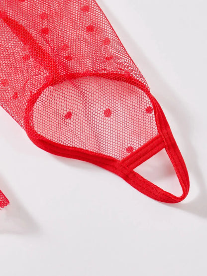 Lingerie sexy dentelle perspective tentation jarretelle string rouge ensemble de quatre pièces Clickbing Market