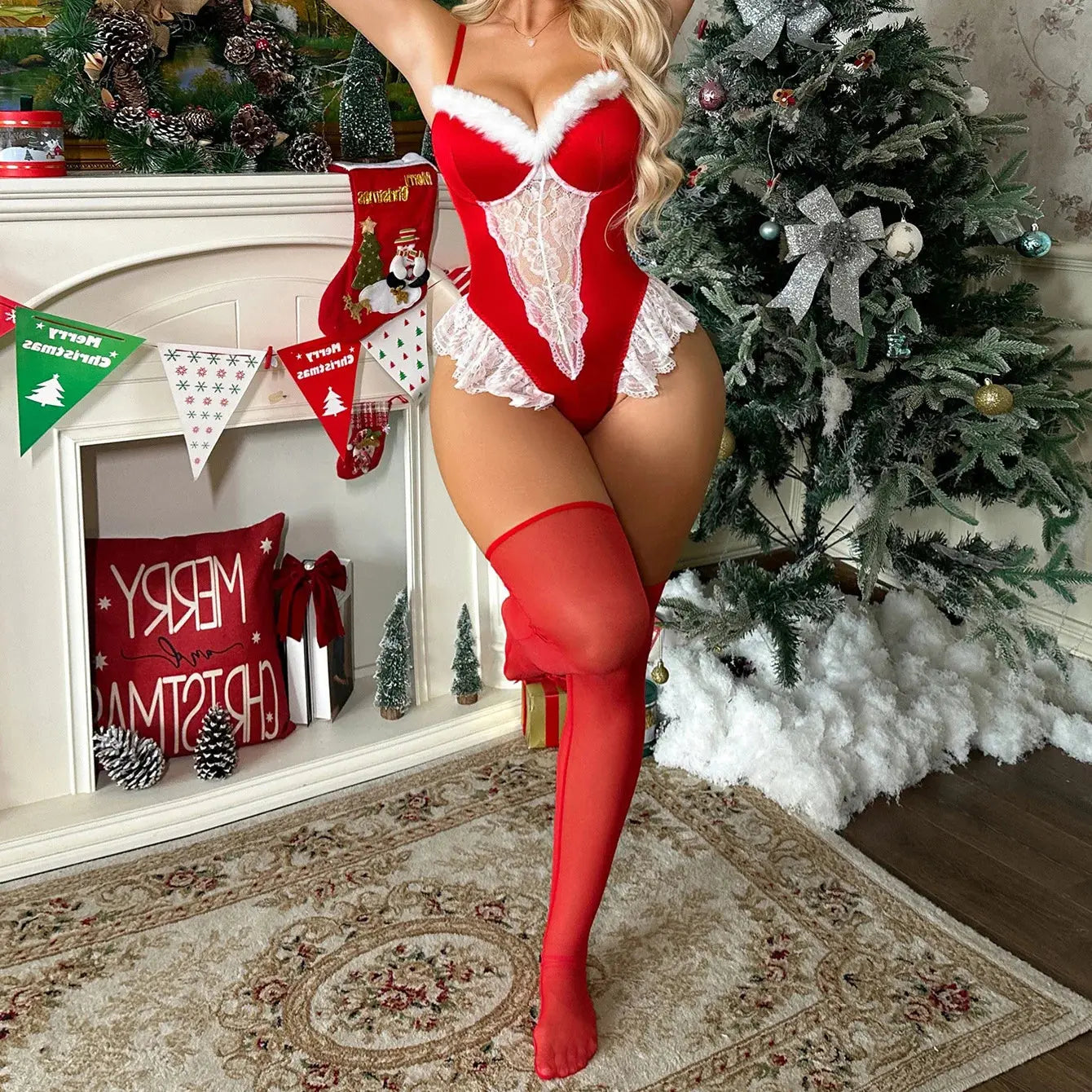 Lingerie de jeu de rôle de noël pour adultes, couture en dentelle blanche, ensemble de Lingerie Sexy une pièce Clickbing Market