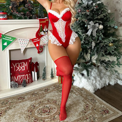 Lingerie de jeu de rôle de noël pour adultes, couture en dentelle blanche, ensemble de Lingerie Sexy une pièce Clickbing Market