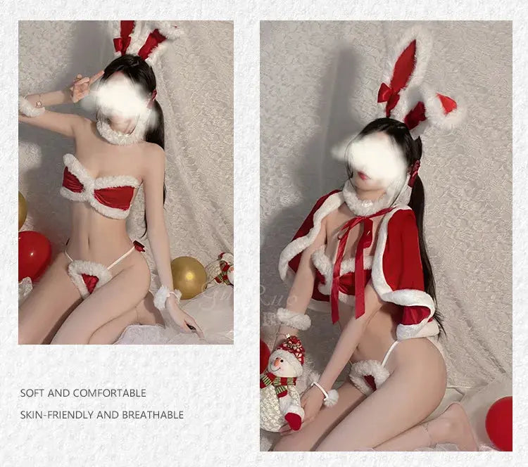 Ensemble de lingerie sexy rouge, lapin,soutien-gorge, culotte, peluche, col en V, Clickbing Market