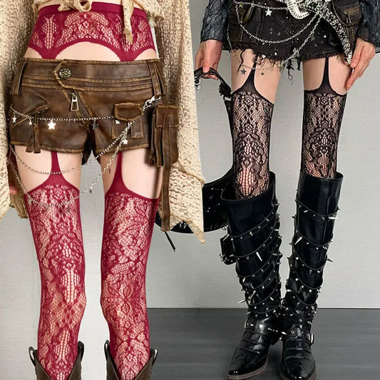 Collants Floraux Bas Colorés Cuissardes Résille Transparents Porte-Jarretelles