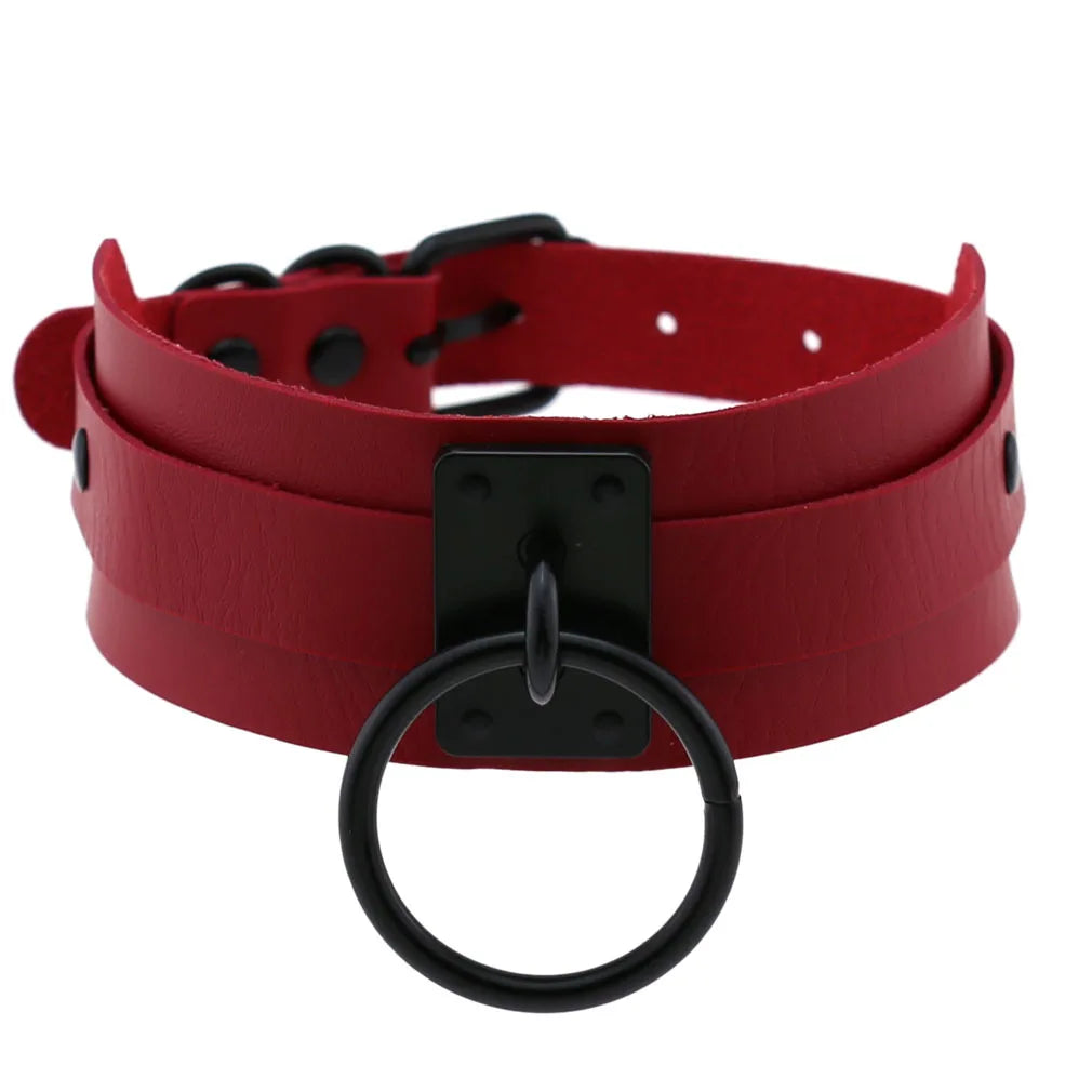 Collier ras du cou noir rond en métal et cuir