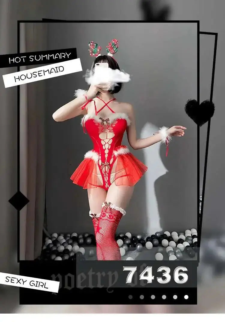 Body en maille Sexy, Costumes de noël avec bas, Lingerie rouge, sous-vêtements Clickbing Market