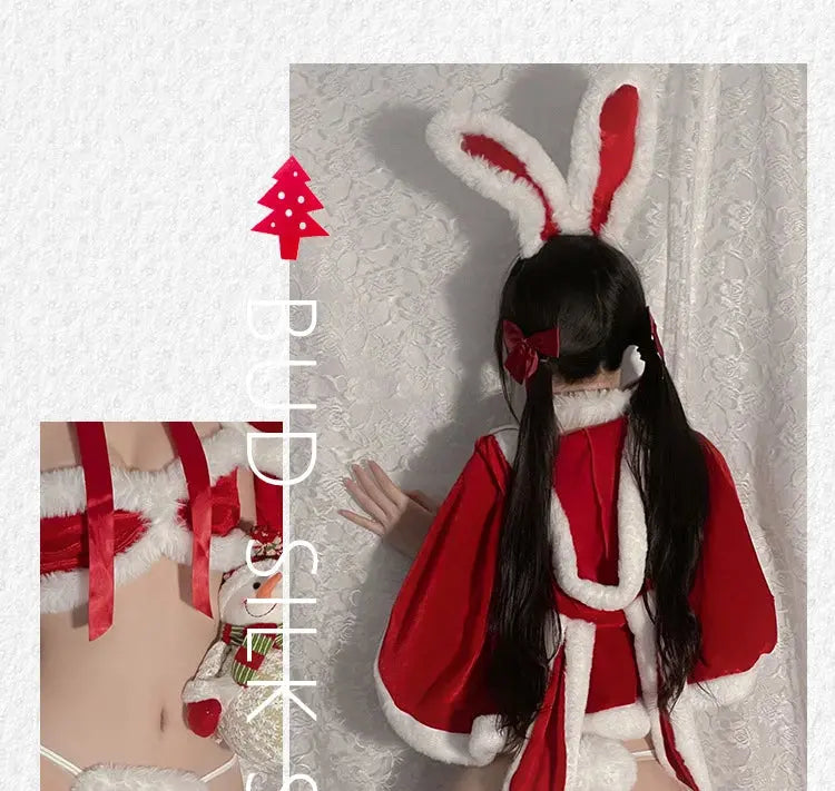 Ensemble de lingerie sexy rouge, lapin,soutien-gorge, culotte, peluche, col en V, Clickbing Market