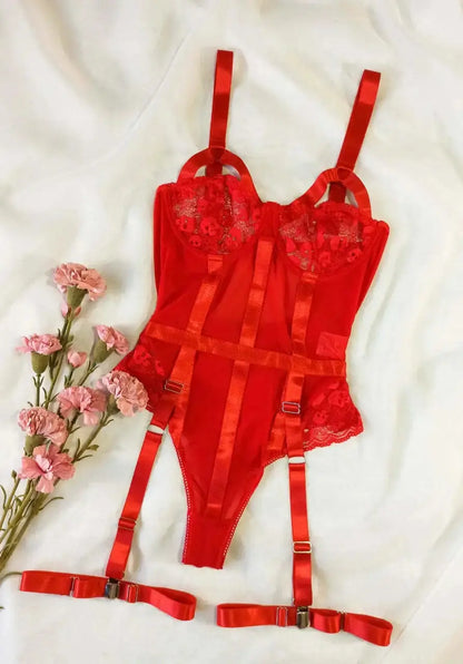 Ensemble de Lingerie Sexy dentelle jarretière avec tour de cou soutien-gorge à armatures et tongs Clickbing Market