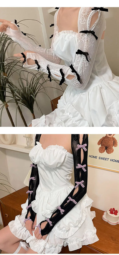Gants, nœud floqué, châle en dentelle