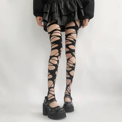 collants résille sexy à trous noirs, style années 2000