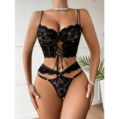 Lingerie sangle à armatures dentelle soutien-gorge Sexy perlé 3D fleur évider transparent à lacets Clickbing Market