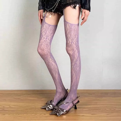 Collants Floraux Bas Colorés Cuissardes Résille Transparents Porte-Jarretelles