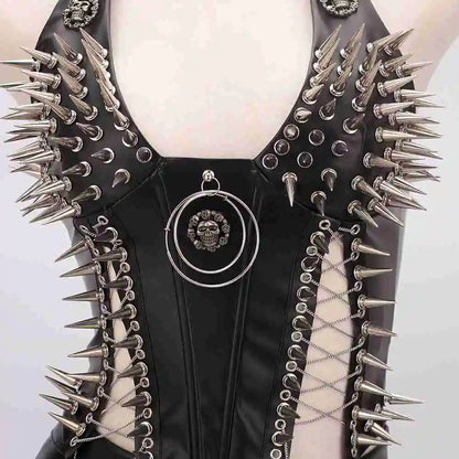 Bustier clouté en cuir vegan, style gothique, court et sexy