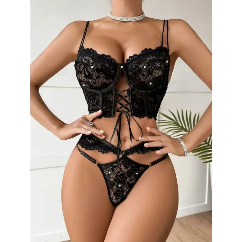 Lingerie sangle à armatures dentelle soutien-gorge Sexy perlé 3D fleur évider transparent à lacets Clickbing Market