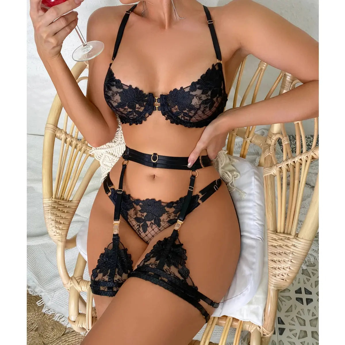 Ensemble de Lingerie brodée en dentelle florale, soutien-gorge et culotte transparents, sous-vêtements Sexy, intimes, porno érotique Clickbing Market
