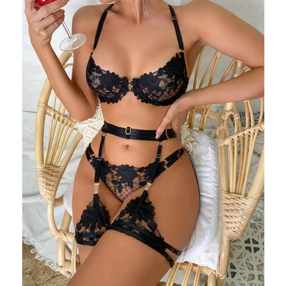 Ensemble de Lingerie brodée en dentelle florale, soutien-gorge et culotte transparents, sous-vêtements Sexy, intimes, porno érotique Clickbing Market