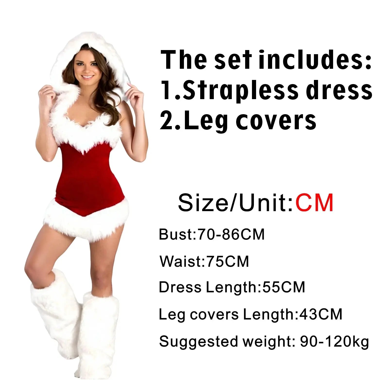 Robe de noël en velours Sexy, sans bretelles, avec capuche, chauffe-jambes, Costume rouge Clickbing Market