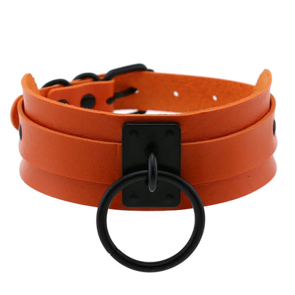 Collier ras du cou noir rond en métal et cuir