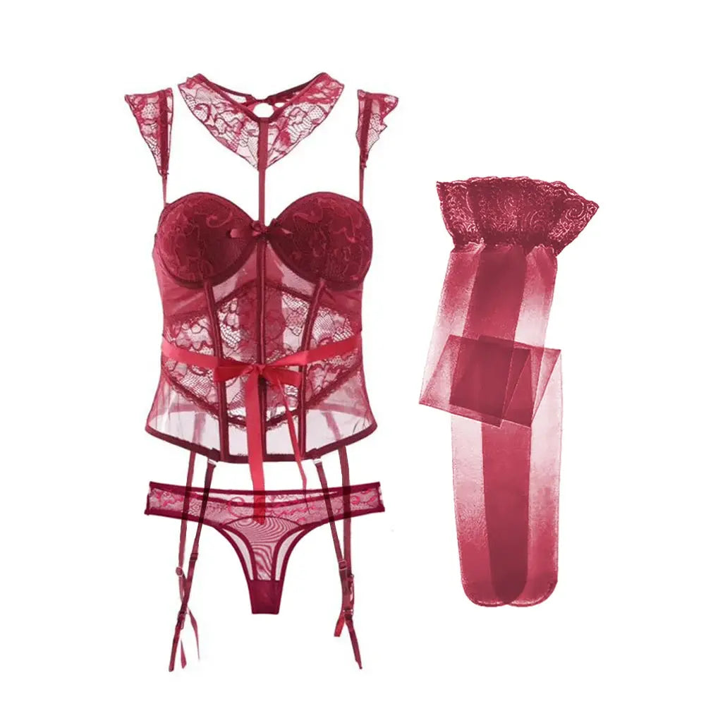 Sexy dentelle Corset corps Shapewear  avec bretelles bas tour de cou 4 pièces corps Clickbing Market